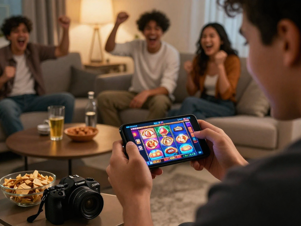 Exciting GACORMAX online gambling experience on mobile device in a cozy living room setting.