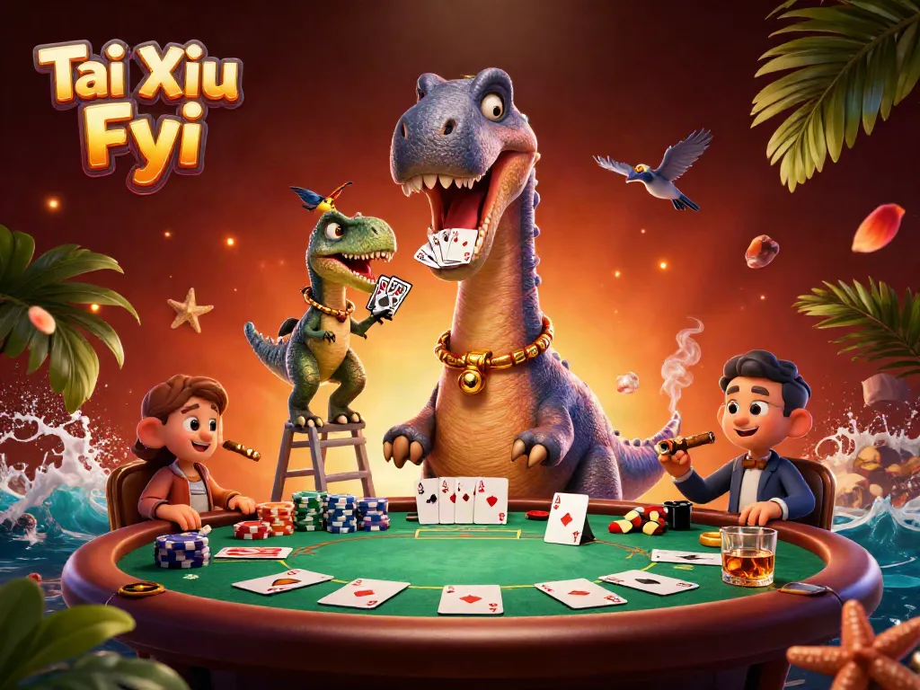 Experience the excitement of Tài Xỉu Fyi with a giant brontosaurus and clever raptor in a vibrant casino scene.