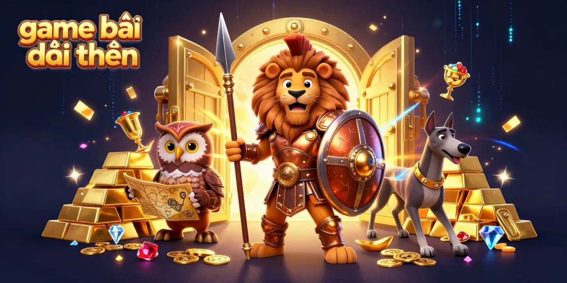 Engage with game bài đổi thưởng in a dynamic 3D scene featuring a Spartan lion, strategist owl, and messenger greyhound.