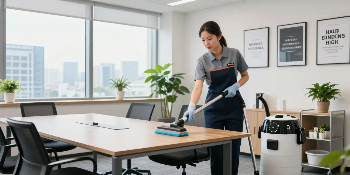 Büroreinigung Göttingen: Professioneller Reiniger bei der gründlichen Reinigung eines modernen Konferenzraums mit technischer Ausrüstung und Tageslicht.