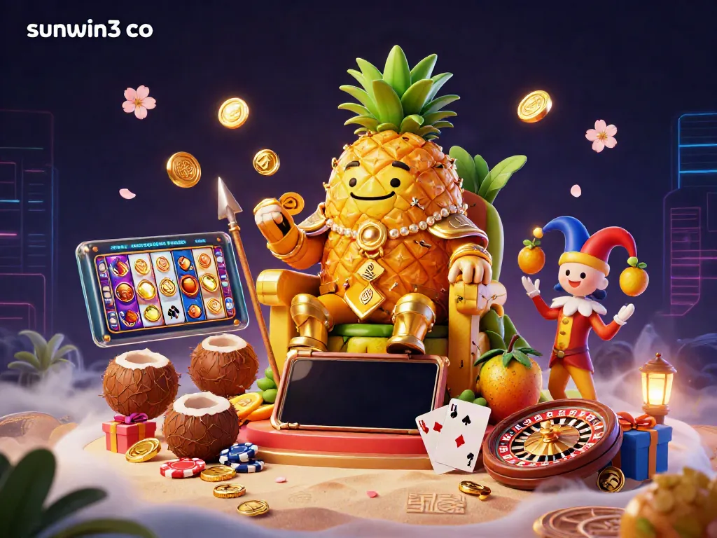 Experience thrilling gaming with sunwin3 co as a golden pineapple king and his companions immerse players in a vibrant casino scene.