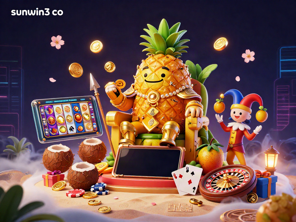Experience thrilling gaming with sunwin3 co as a golden pineapple king and his companions immerse players in a vibrant casino scene.