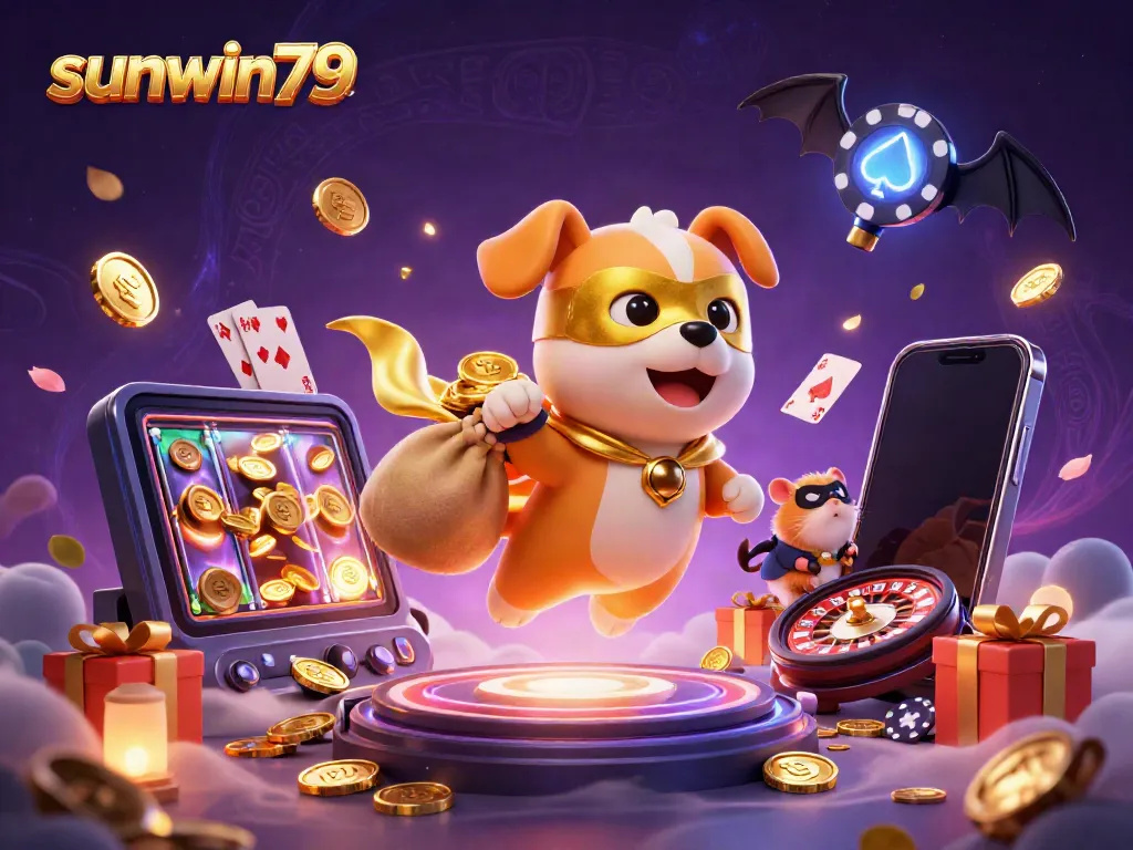 Join the adventure with sunwin79 as the superhero dog soars through a vibrant casino world.