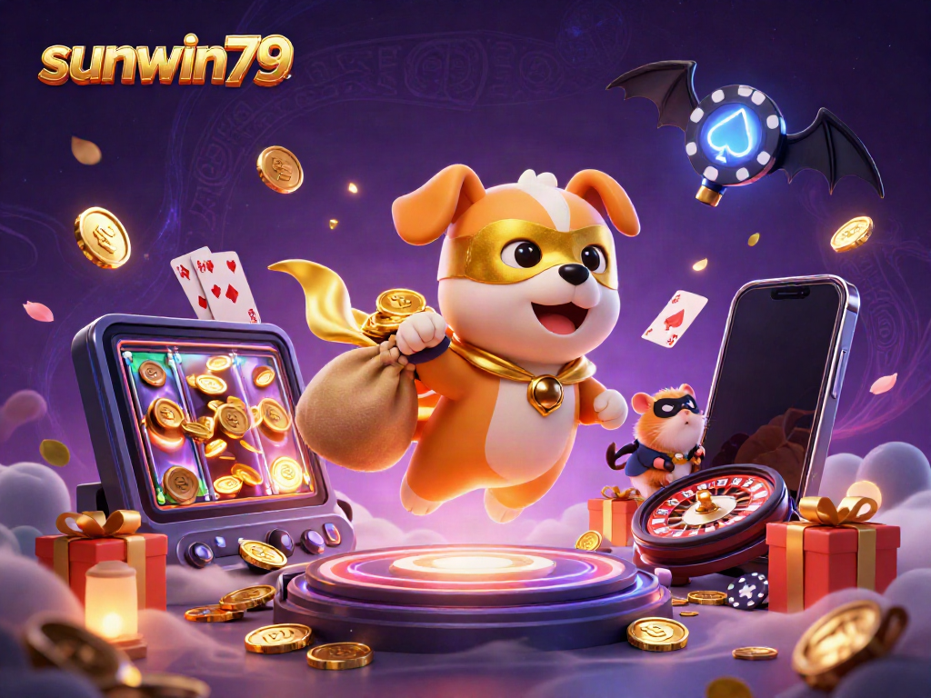 Join the adventure with sunwin79 as the superhero dog soars through a vibrant casino world.