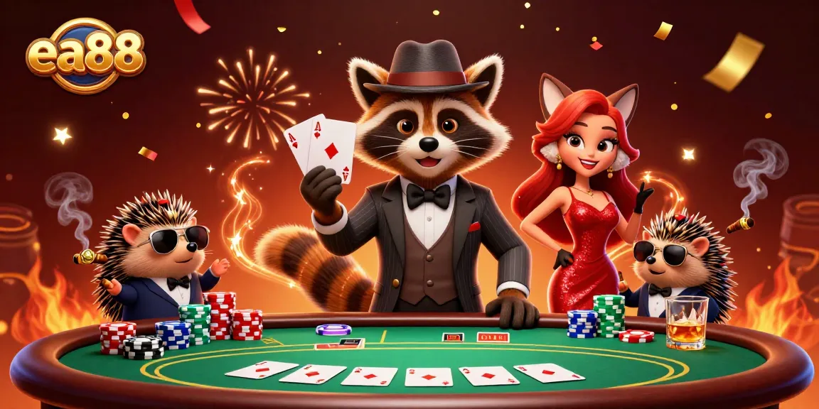 ea88 features a stylish raccoon and friends playing poker, showcasing vibrant casino elements.