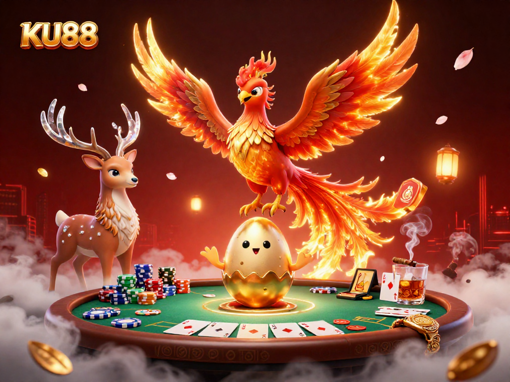 Experience the thrill of KU88 as a fire phoenix soars over vibrant poker elements in a dynamic casino scene.