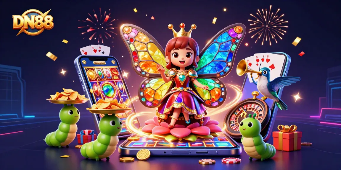 Experience the vibrant entertainment options at DN88 with a colorful 3D casino scene featuring a lovely butterfly queen and dynamic game elements.