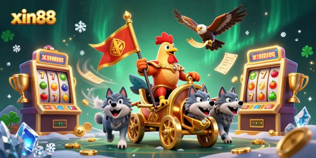 Bet on xin88 with a dynamic scene featuring a rooster warlord in a golden chariot among slot machines.