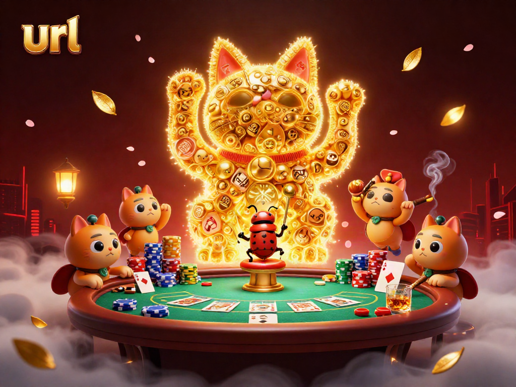 Play with luck as the golden lucky cat waves amidst vibrant poker elements in a rich casino scene.