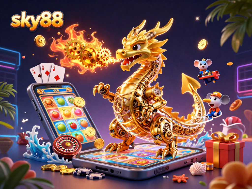Sky88 showcases a vibrant scene with a golden dragon, engaging in a dynamic casino experience.