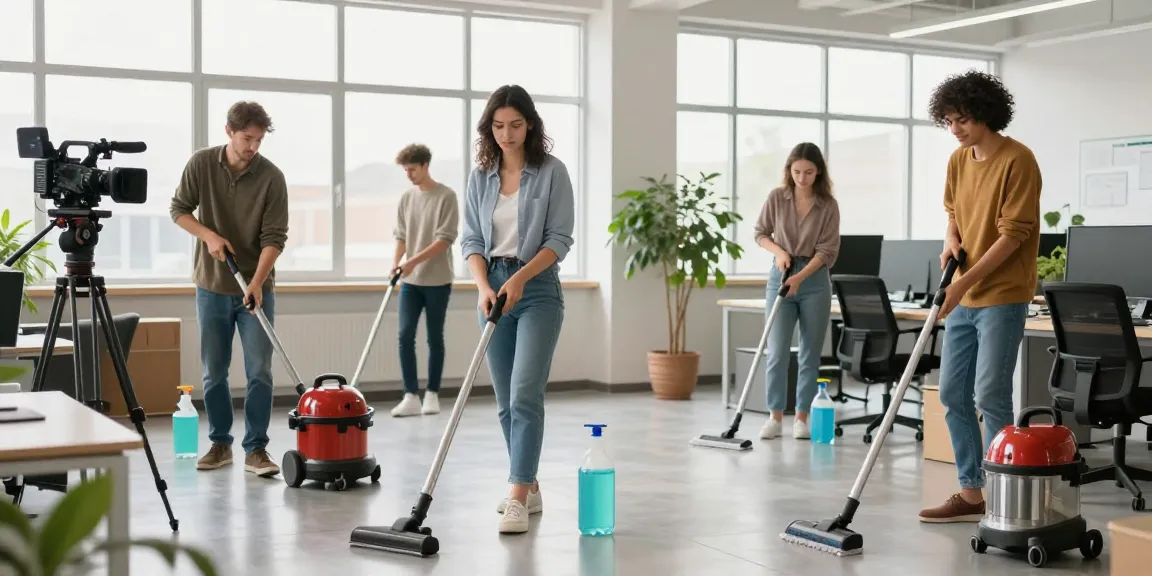 Gebäudereinigung Düsseldorf - Professionelles Reinigungsteam arbeitet sauber und effizient in modernem Büro.