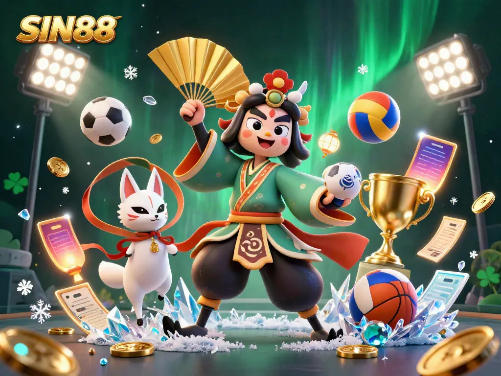 SIN88 showcases an engaging 3D scene with a kabuki warrior and sports elements, capturing the essence of online gambling excitement.