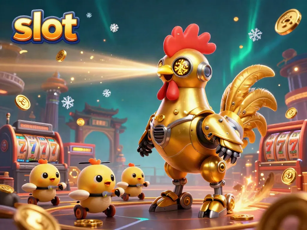 Experience thrilling slot action with a golden rooster robot and baby chicks in a vibrant casino scene.