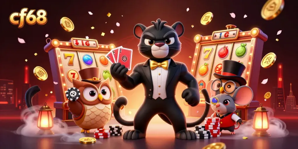 Watch cf68's stylish panther dealer and friends engaging in a lively casino scene filled with vibrant slot elements.