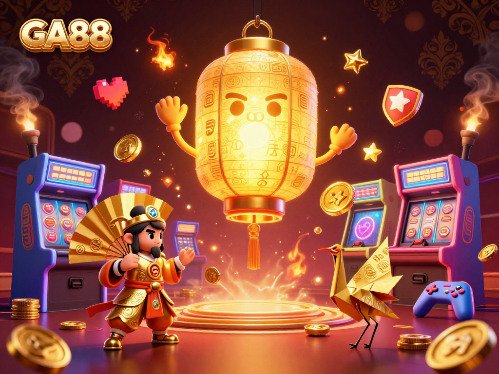 Experience the excitement of GA88 in this ultra-detailed casino scene featuring golden lanterns and arcade games.