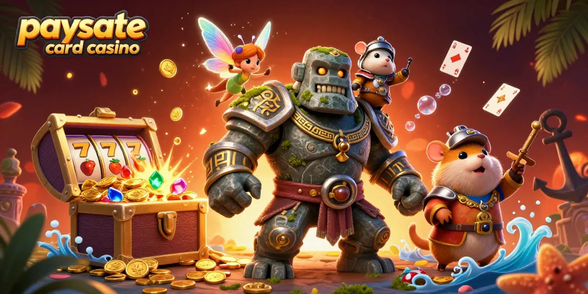Erleben Sie die Aufregung in einem Paysafe Card Casino mit einer Illustration, die einen Golem-Wächter, eine Fee und einen Hamster-Ritter zeigt.