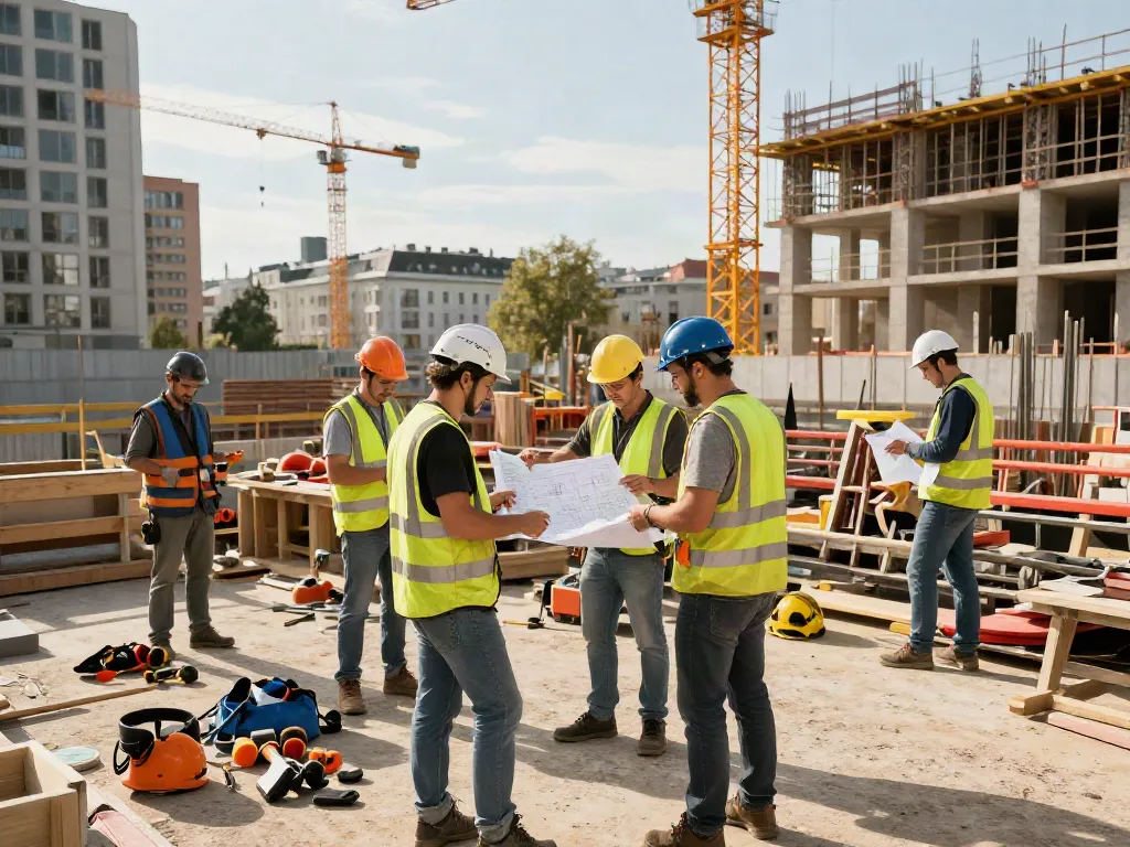 Baufirma Wien: Bauarbeiten und Teamarbeit auf einer Baustelle in Wien mit Architekten und Handwerkern.