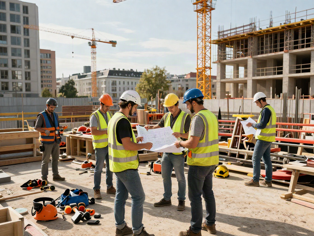 Baufirma Wien: Bauarbeiten und Teamarbeit auf einer Baustelle in Wien mit Architekten und Handwerkern.