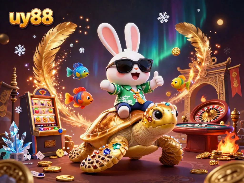Engage with thrilling casino vibes at uy88, featuring a lucky rabbit and golden turtle in vibrant action.
