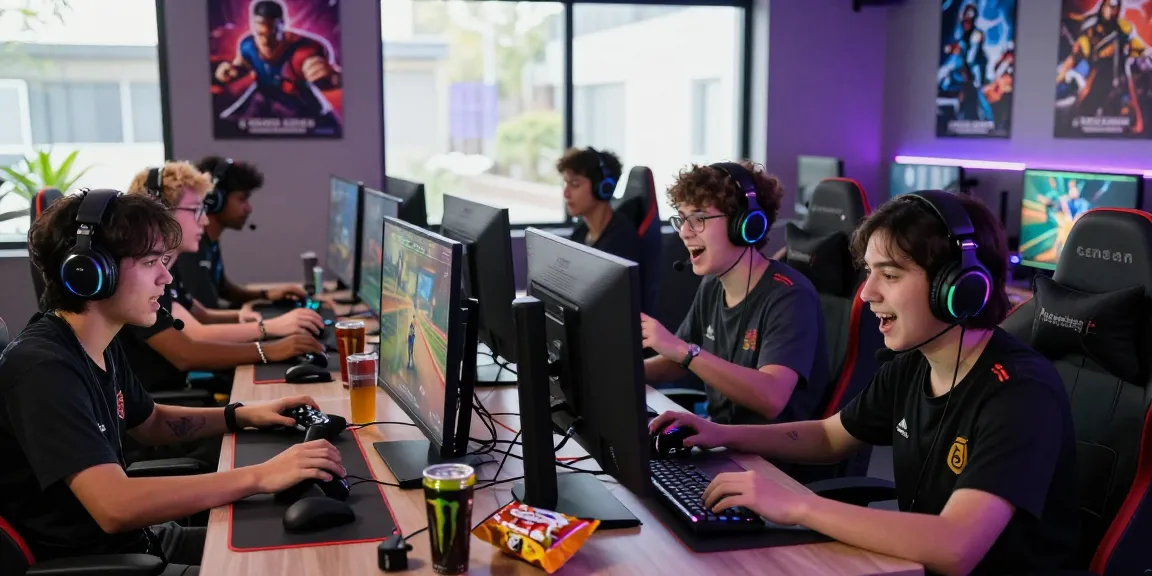 Players engaged in rokok88 gaming in a vibrant esports lounge, showcasing teamwork and excitement.