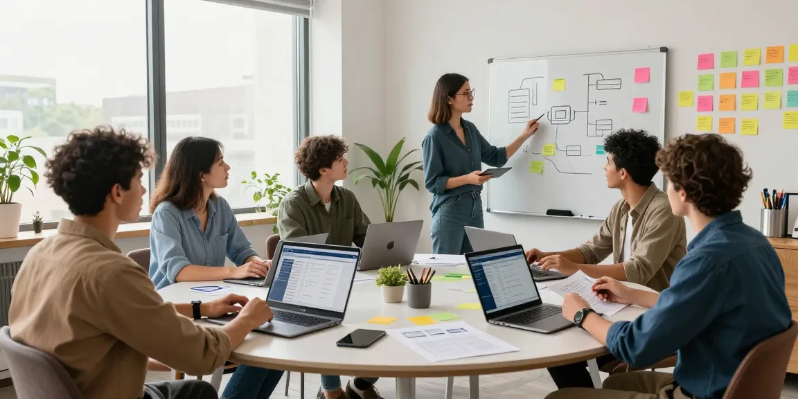 Team collaborating to build internal tools with AI in a modern workspace, reflecting innovation and teamwork.