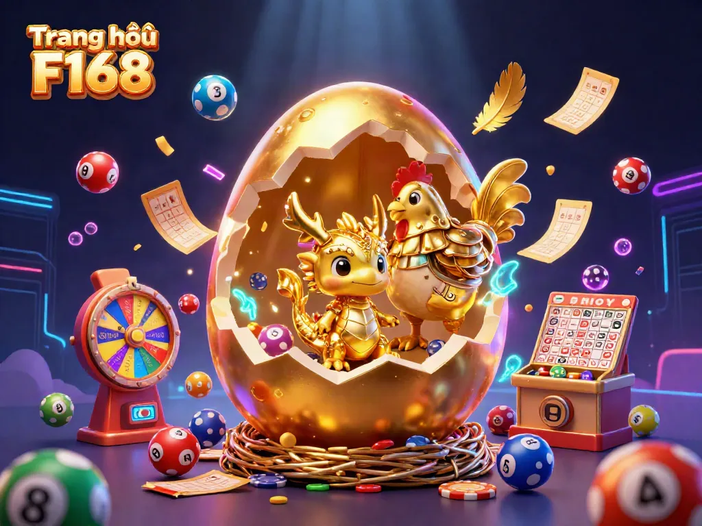 Experience the excitement of Trang chủ F168 with a baby dragon and golden elements amidst dynamic lottery balls.