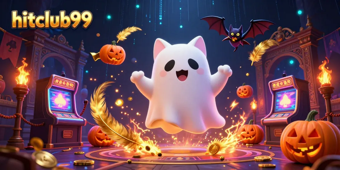 Experience the thrill of hitclub99 with a ghost cat and vampire bat in a haunted casino themed scene.