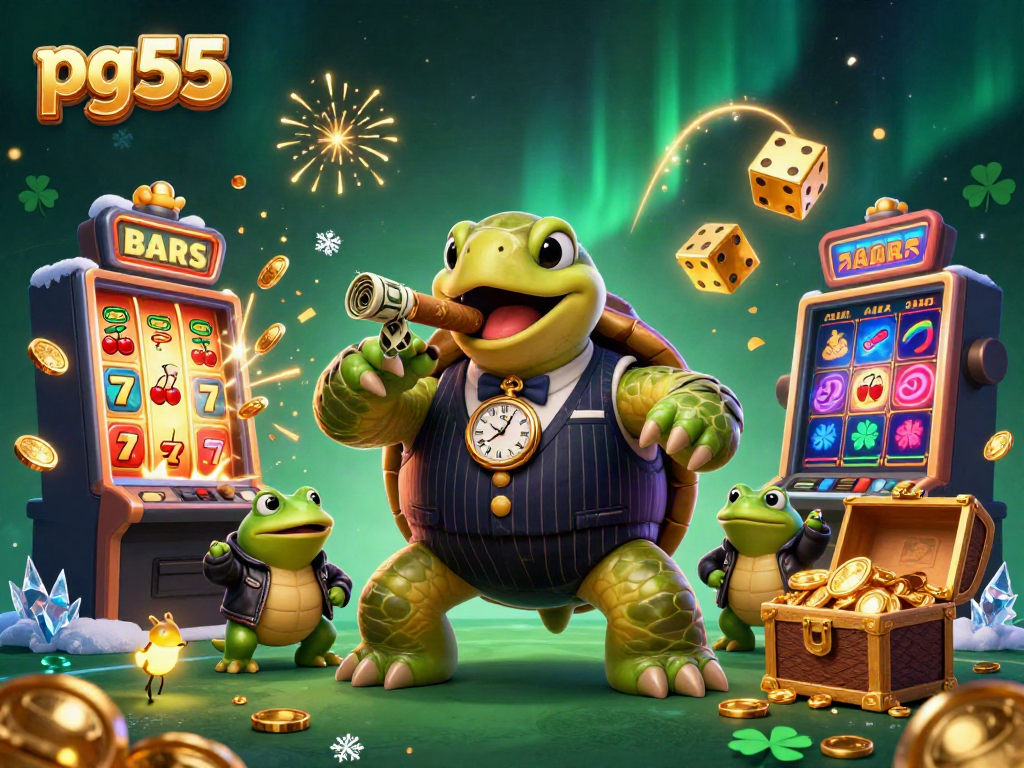 Experience the excitement of pg55 with a cartoon turtle mobster and dynamic casino elements.