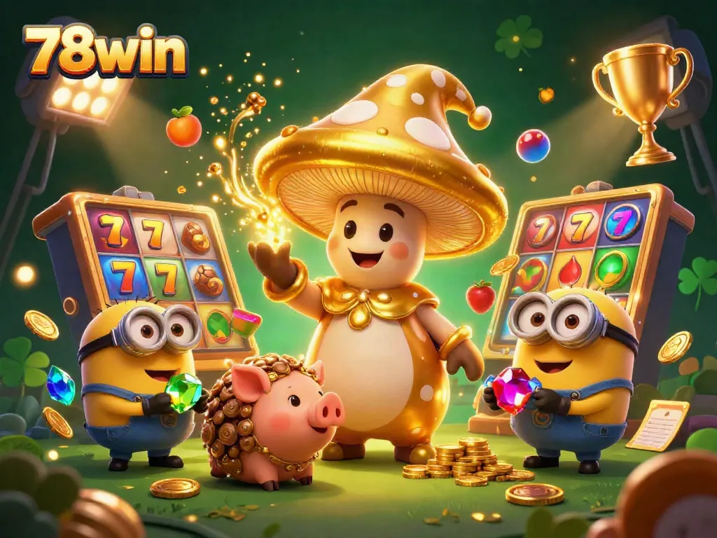 Engage with the magic of 78win as the golden mushroom wizard leads to jackpot treasures in a vibrant casino scene.