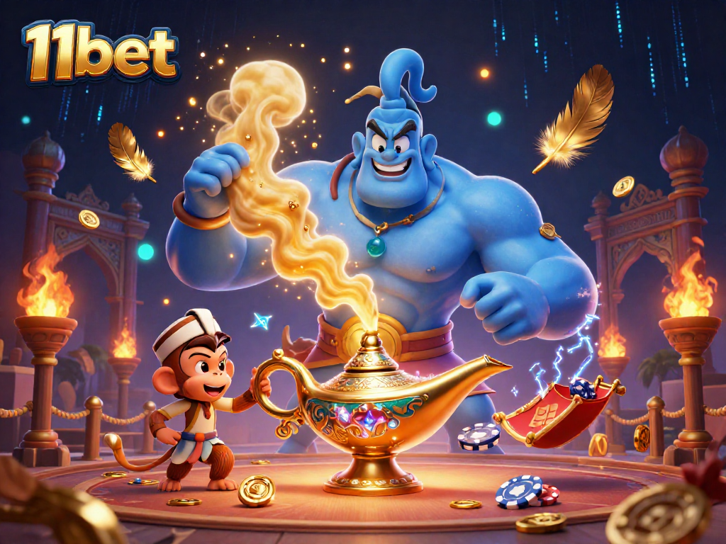 Experience the magic of 11bet with a dynamic illustration of a genie, monkey, and poker chips.