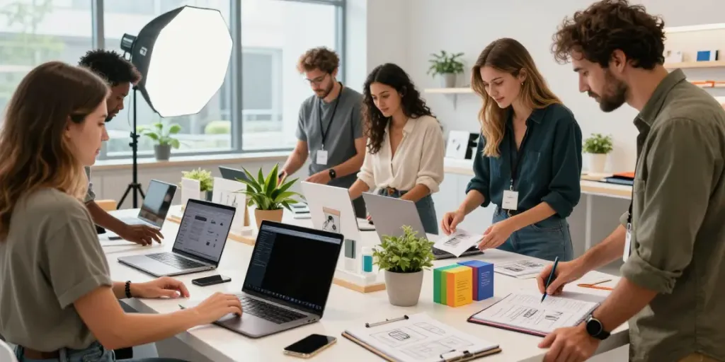 Engaging e-commerce team collaborating on innovative Produkte display in modern workspace.