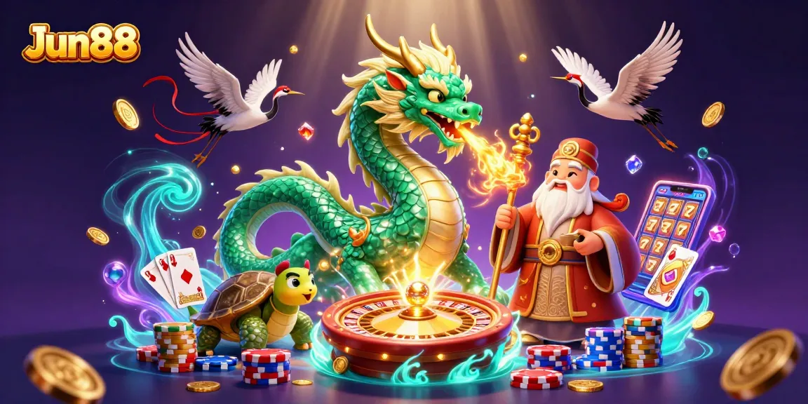 Jun88 showcases an emerald dragon and lucky cranes amidst vibrant casino games, embodying thrilling bets.