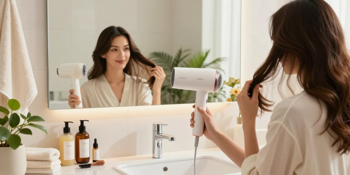 Laifen-Föhn in Benutzung für eine glänzende Frisur in modernem Badezimmer.
