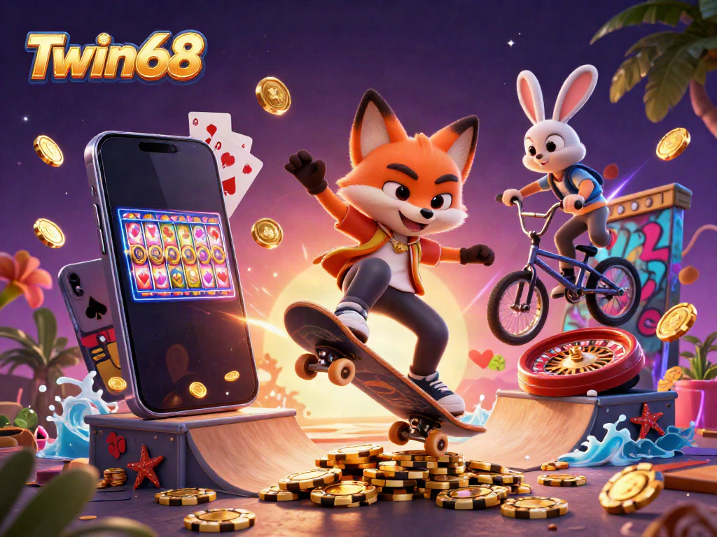 Twin68 features a skateboarder fox and BMX rabbit in a vibrant casino scene, showcasing colorful slots.