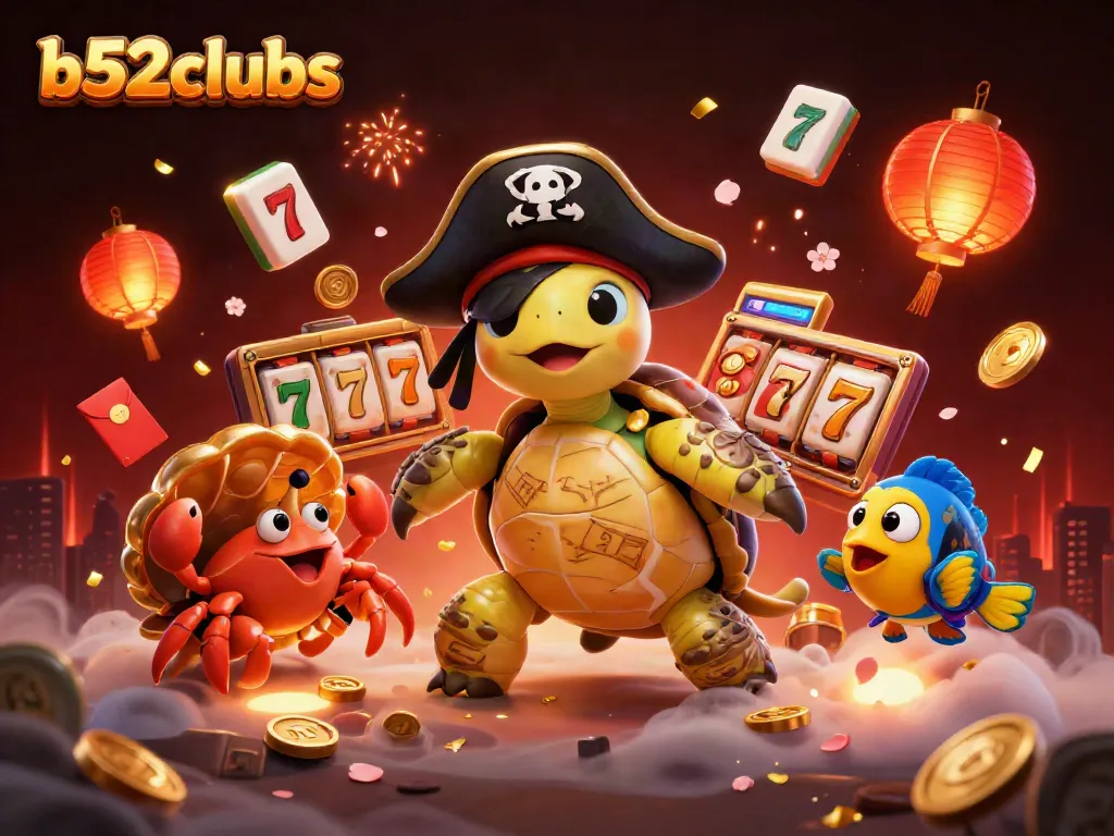 Experience thrilling gaming with b52clubs in an enchanting 3D illustration of a pirate turtle and friends.