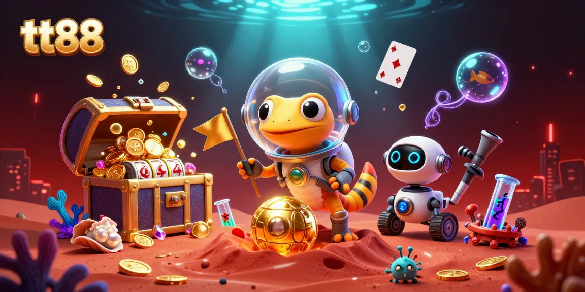 Engage with the thrilling adventure of tt88 in a vibrant casino scene with alien characters and slot reels.