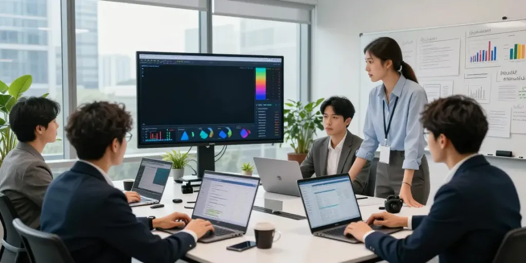 Un equipo profesional discutiendo sobre netcash en una oficina moderna, con pantallas digitales que muestran análisis financieros.
