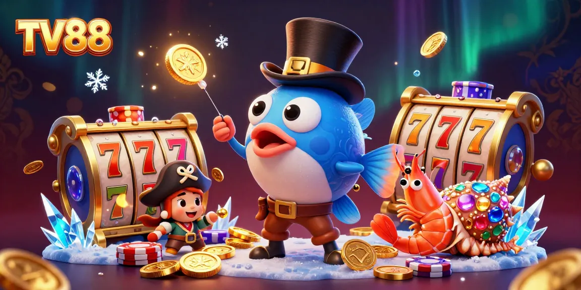 Engage in thrilling activities at TV88 with a vibrant scene featuring a treasure-hunting anglerfish and gambling themes.
