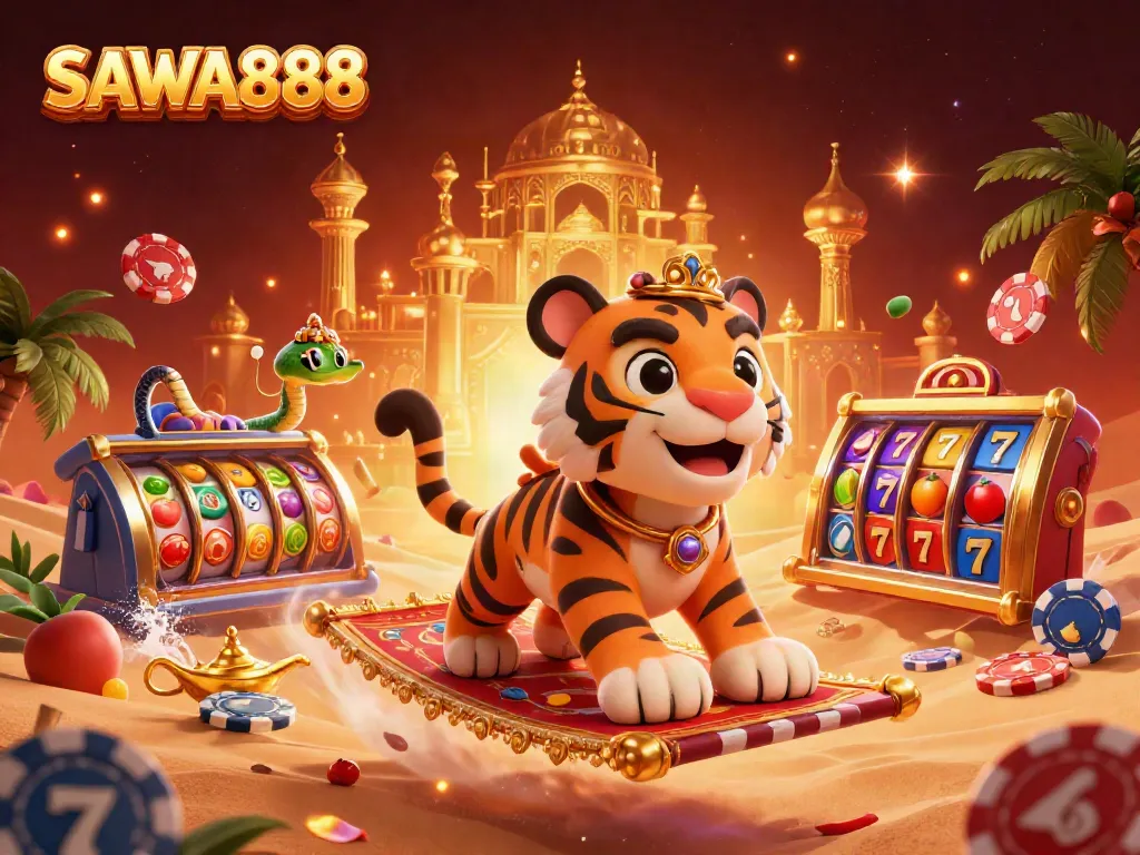 Engage with SAWA888's vibrant gaming atmosphere featuring a tiger sultan and a jackpot display.