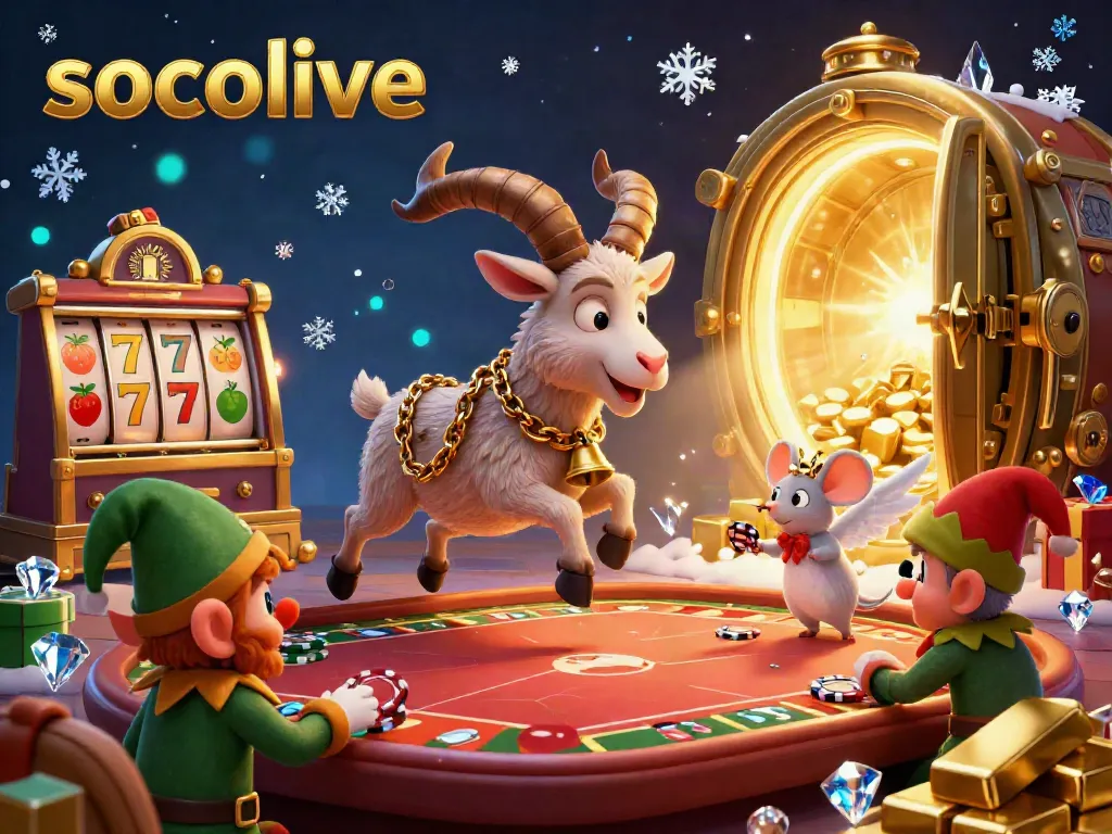 Socolive offers an exciting casino experience with fun characters, slot reels, and a vibrant holiday theme.