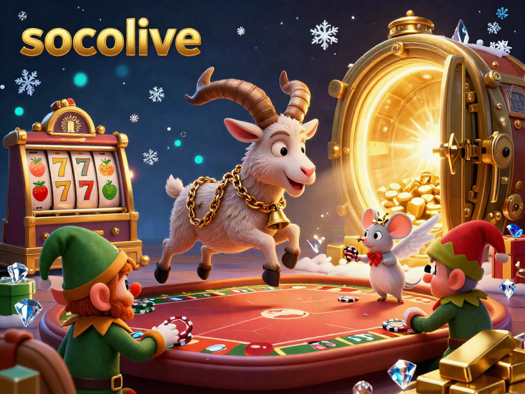 Socolive offers an exciting casino experience with fun characters, slot reels, and a vibrant holiday theme.
