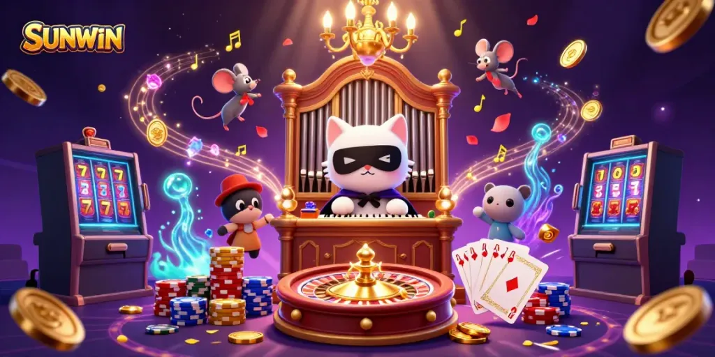 SUNWIN features a whimsical casino scene with a phantom cat, mouse acrobat, and gold coins as winnings emerge.