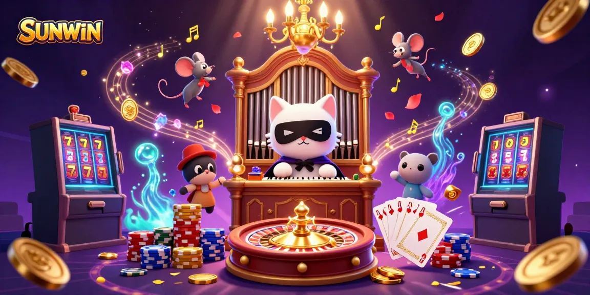SUNWIN features a whimsical casino scene with a phantom cat, mouse acrobat, and gold coins as winnings emerge.