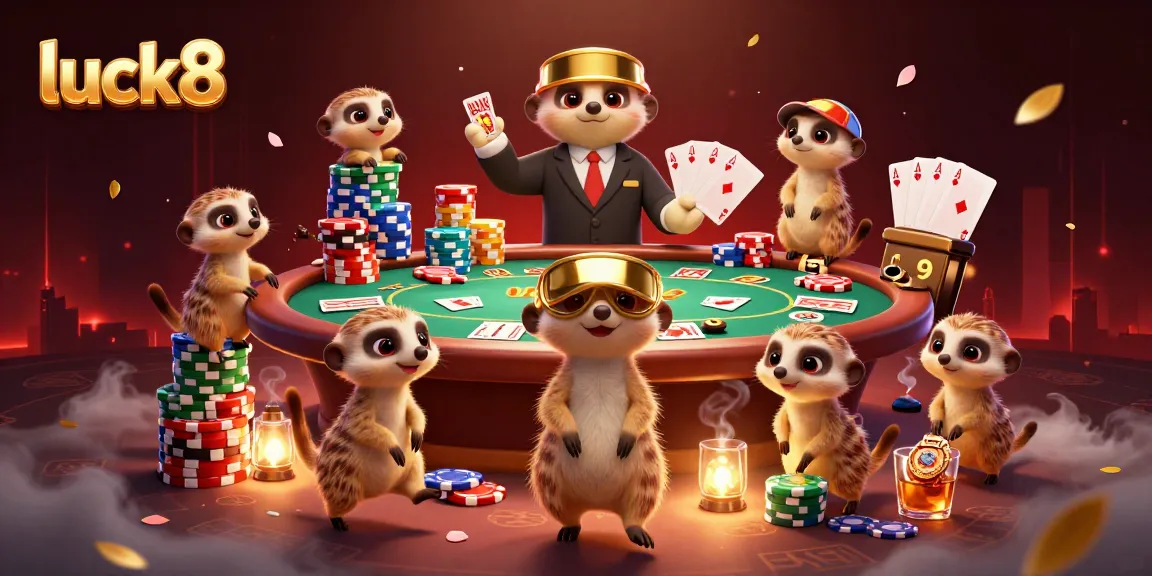 Luck8 meerkats manage a vibrant casino scene with poker action and colorful chips.