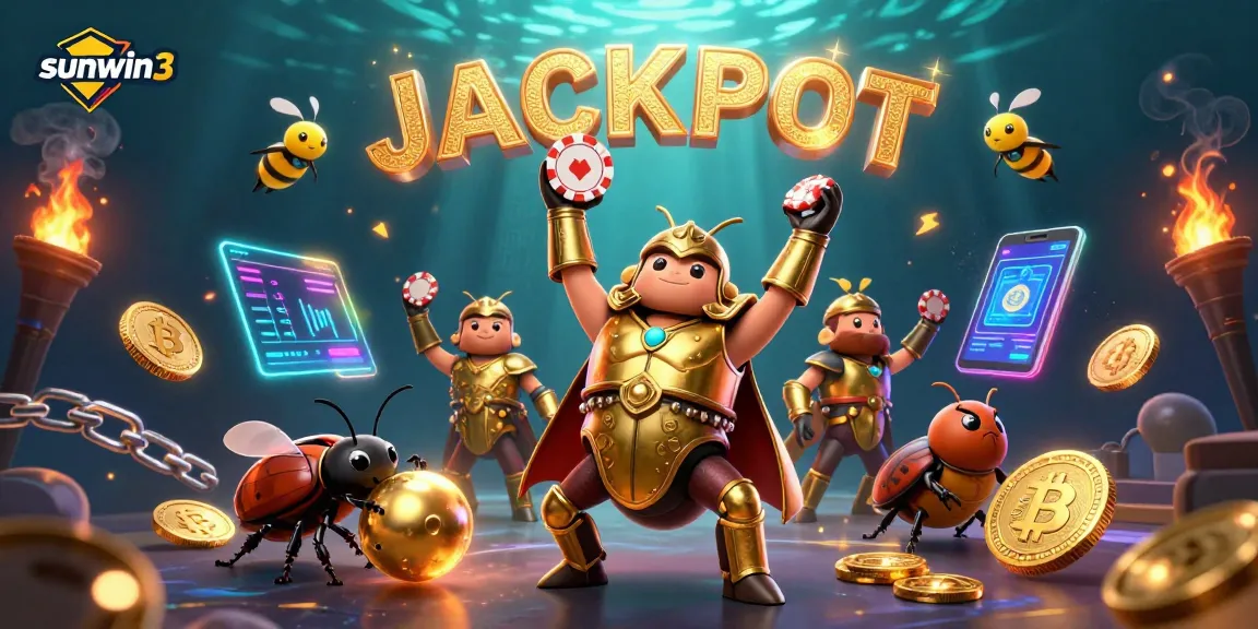 Engage in thrilling gameplay at sunwin3 with a victorious beetle and glowing jackpot elements.