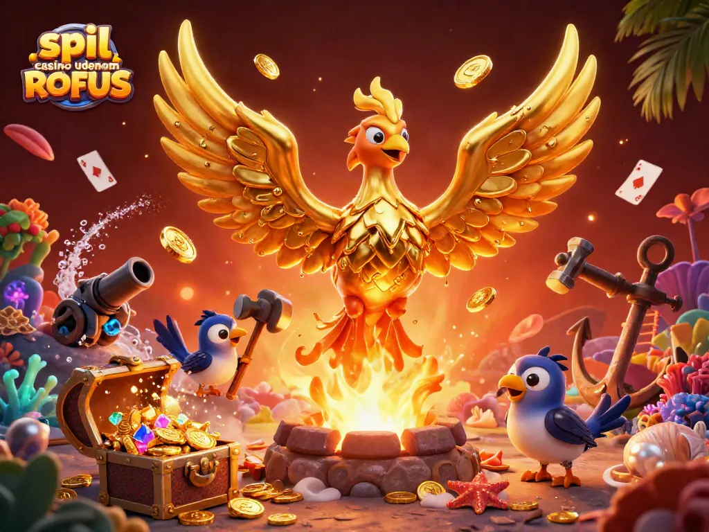 Experience the thrill of spil casino uden om ROFUS with a golden phoenix emerging among treasures and gaming elements.