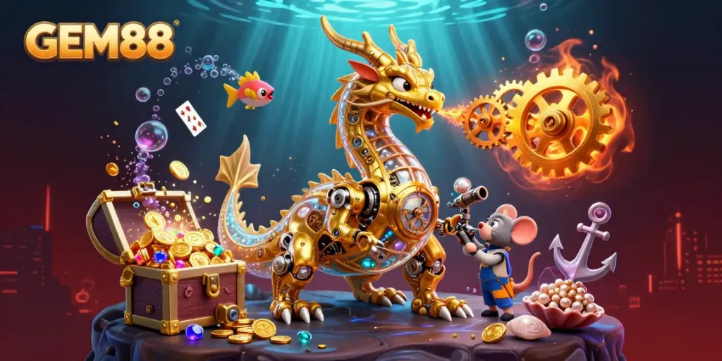 Reveal golden jackpots at GEM88 with a golden dragon and a tiny mouse engineer in a vibrant underwater scene.