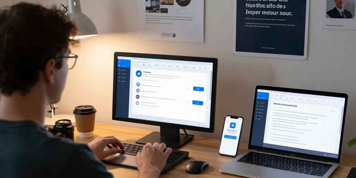 Configuring Telegram Chinese language settings on a tech workspace desk with resources and devices.