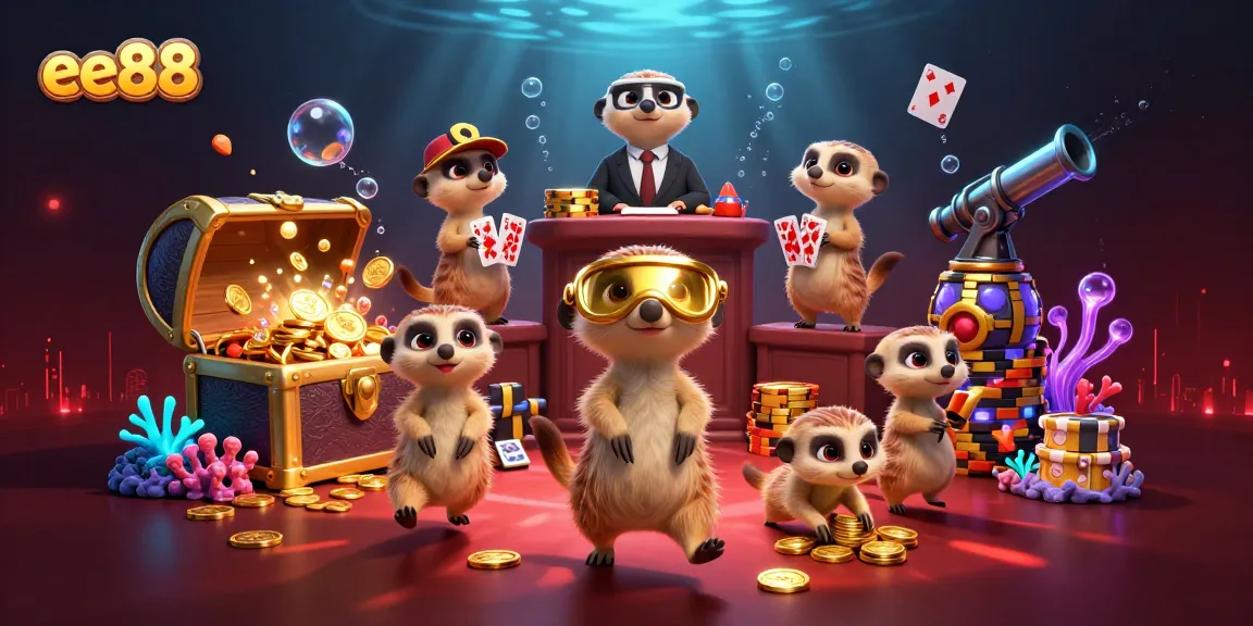 Join the excitement at ee88 casino with meerkats running games and sneaking chips in a vibrant scene.
