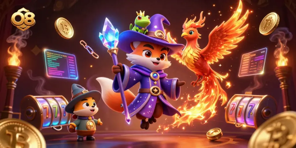Experience thrilling gaming with O8, illustrated with vibrant casino elements and magical characters.